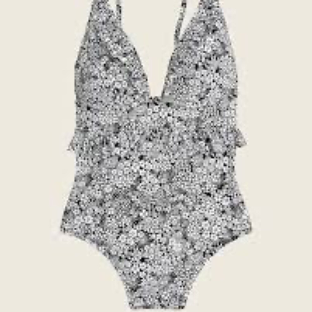 J. Crew Ruffle V Neck One Piece Swimsuit in Valley Floral Navy/White Size 8